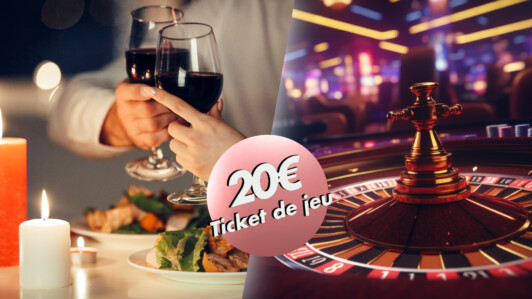 20€ de tickets de jeu, devant deux personnes qui trinquent, une roulette et un casino Circus