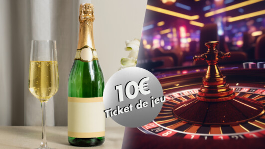 10€ de tickets de jeu, devant un verre de champagne, une roulette et un casino Circus